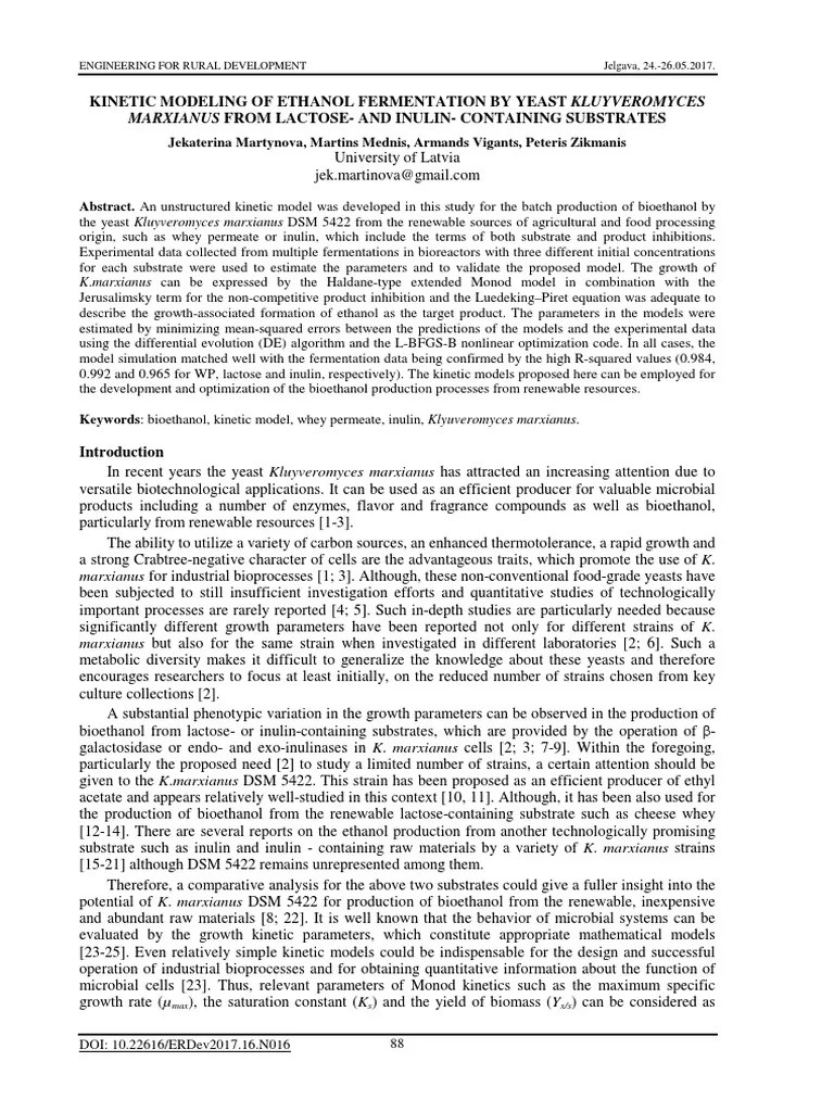 Kinetic Modeling Of Ethanol Fermentation By Yeast Kluyveromyces | PDF | Coefficient Of ...