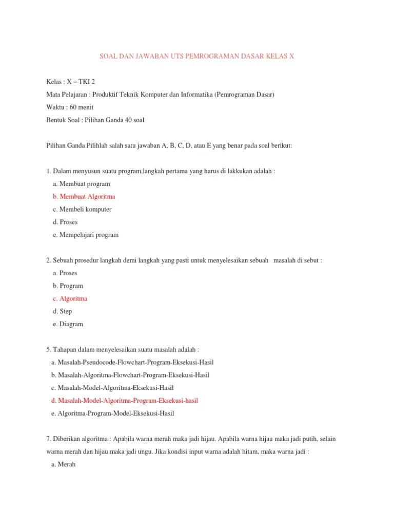 Soal Dan Jawaban Uts Pemrograman Dasar Kelas X | PDF