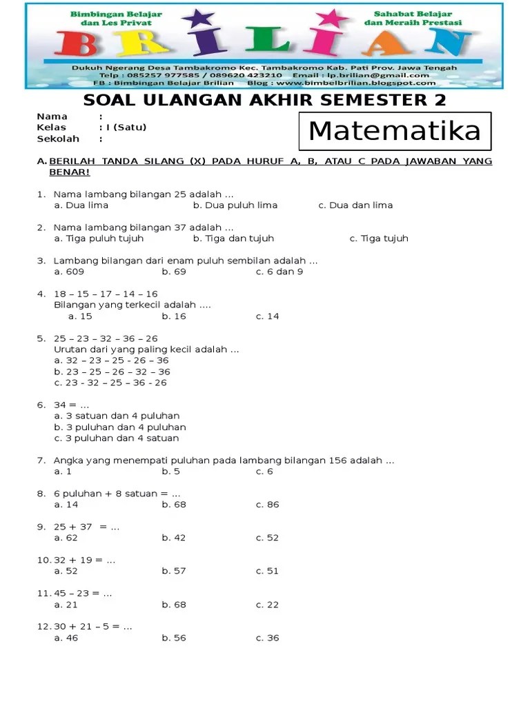 Soal pat kelas 1 tema 7 dan kunci jawaban tahun 2021, download soal ukk kelas i sd/mi tema 7 kurikulum 2013 revisi terbaru. Soal Uas Matematika Kelas 1 Sd Semester 2 Dan Kunci Jawaban Pdf Pdf