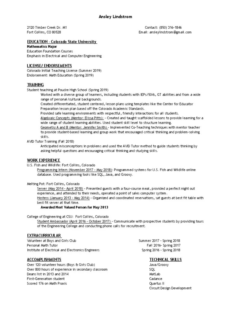 Ansleylindstrom Resume Tutor Learning
