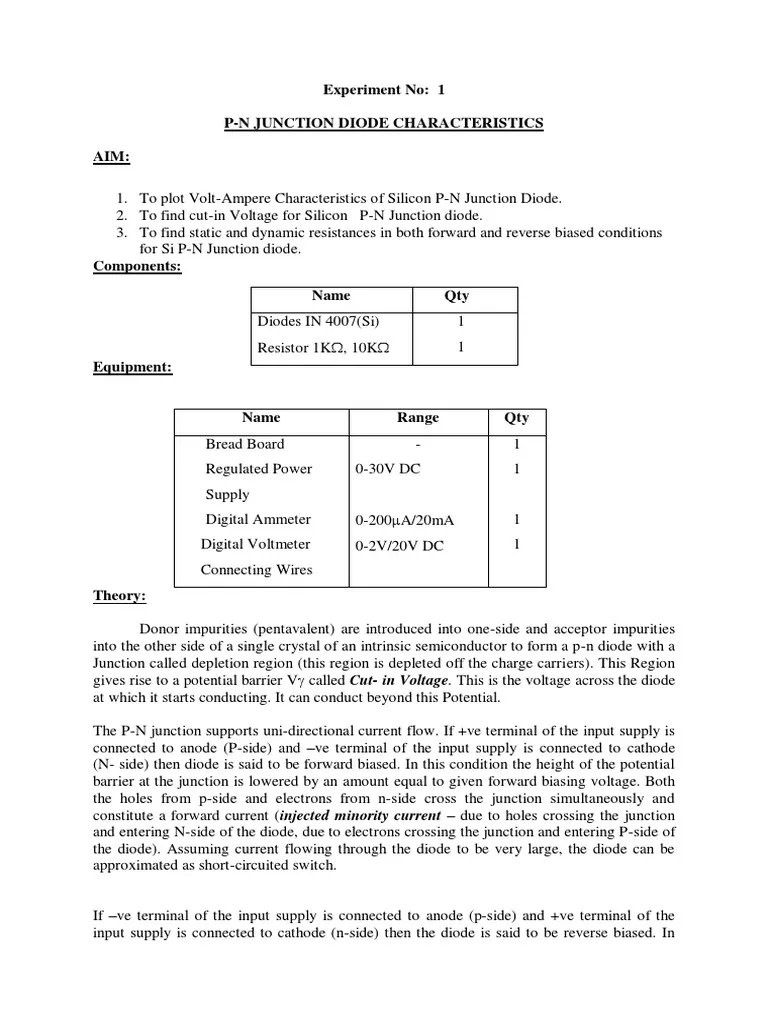Lab Iv Silicon Diode Characteristics Pdf Free Download The resulting electronic device that has been made is commonly called a P-N Junction Diode or simply Signal Diode.