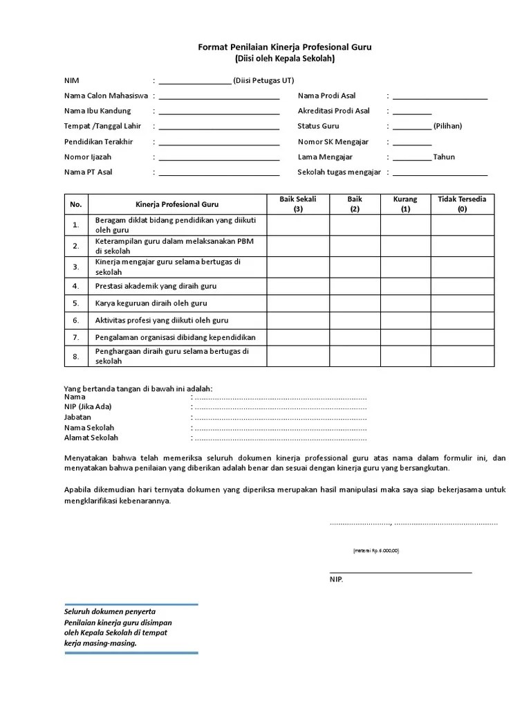 Pelaksanaan pembelajaran untuk guru kelas/mata pelajaran (lampiran 1); . Form Penilaian Kinerja Guru Akpmm Pdf