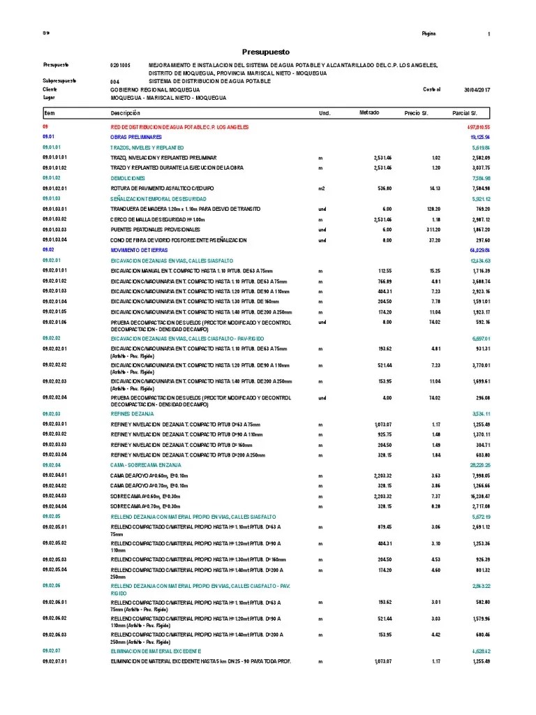 Presupuesto Sistema De Agua Potable | PDF | Líquidos | Electrodoméstico