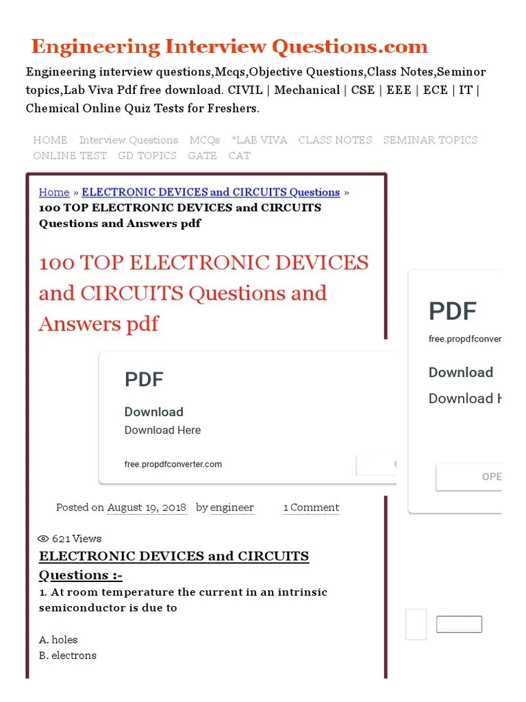 100 Top Electronic Devices And Circuits Questions And Answers PDF ...