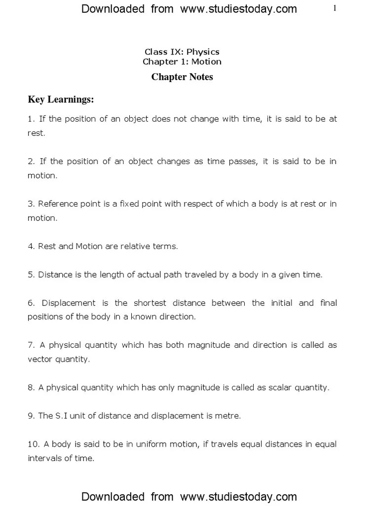 CBSE Class 9 Physics Motion Notes PDF | PDF | Velocity | Speed