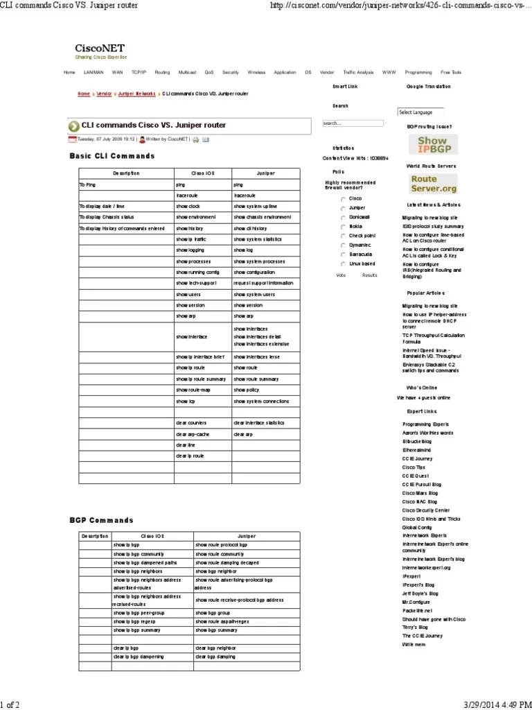 CLI Commands Cisco VS Juniper PDF | PDF | Router (Computing) | Internet ...