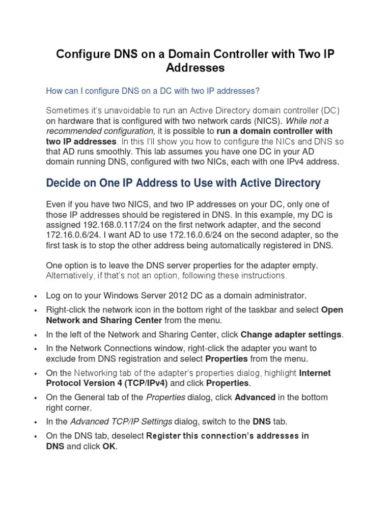 Configure DNS On A Domain Controller With Two IP Addresses | PDF ...