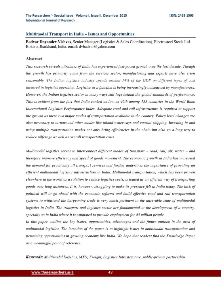Multimodal Transport In India | Download Free PDF | Transport | Cargo
