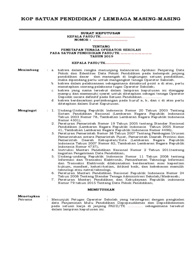 Oleh dapodik.co.id 19 jul, 2021 2 komentar. Contoh Sk Operator Tk Paud 2019 Pdf