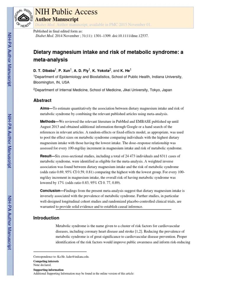 Dietary Magnesium Intake And Risk Of Metabolic Syndrome | PDF | Metabolic Syndrome | Diabetes ...