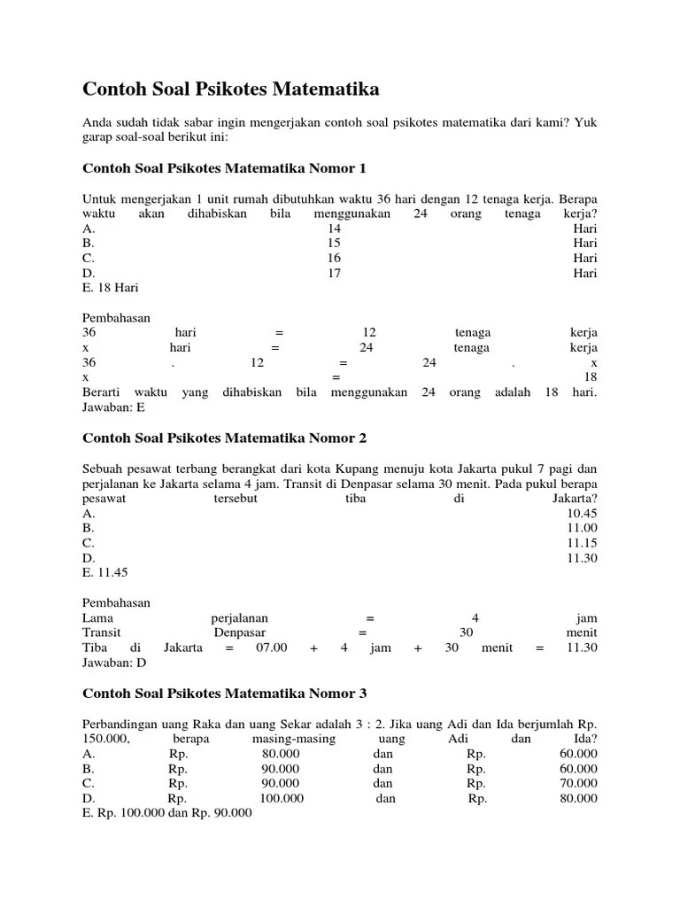 Berapa waktu akan dihabiskan bila . Contoh Soal Psikotes Matematika Jawabannya Pdf