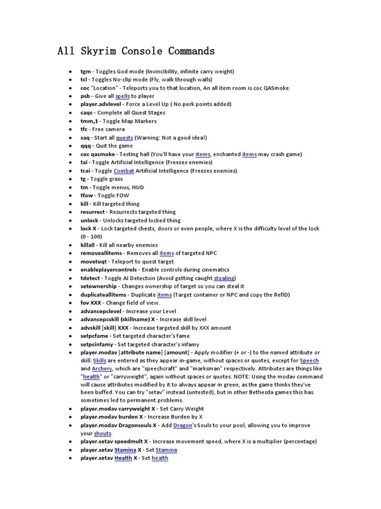 All Skyrim Console Commands | PDF | Ammunition | Armour