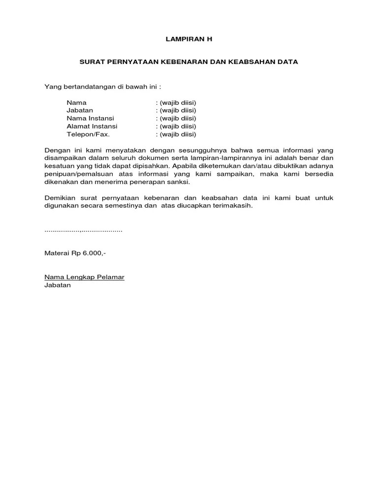 Takengon, 12 maret 2010 pt. Surat Pernyataan Kebenaran Data Dan Keabsahan Dokumen - Contoh Seputar Surat