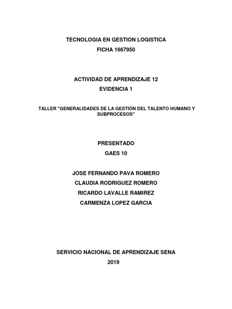 Evidencia 1 Actividad De Aprendizaje 12 Taller | PDF | Gestión De ...