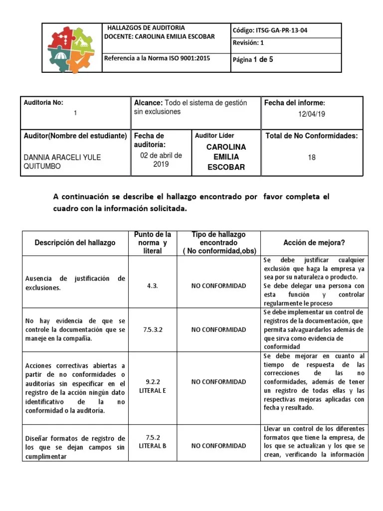 Taller Hallazgos Iso 9001 | PDF | Auditoría | Calidad (comercial)
