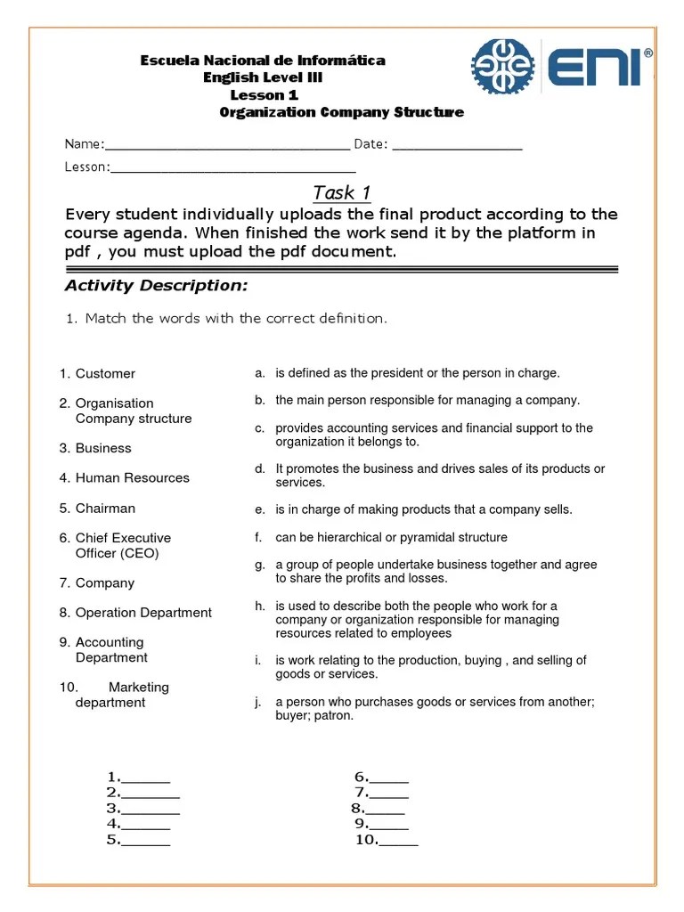 Task 1 Lesson 1 Organization Company Structure | PDF | Sales | Business Economics