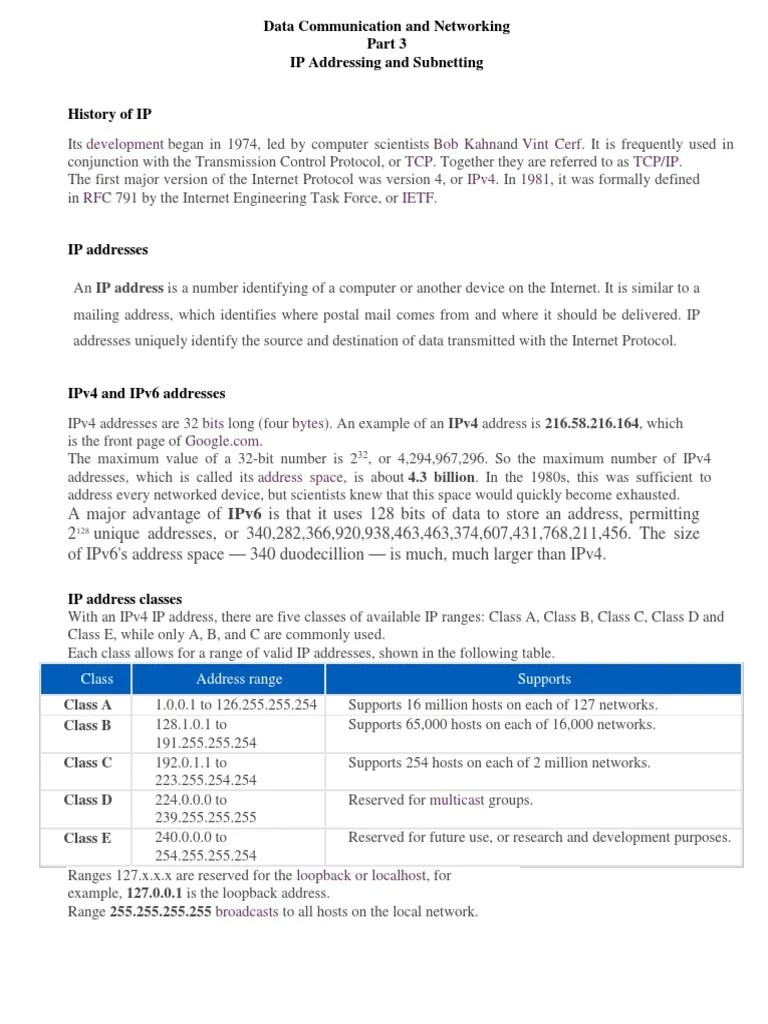 Data Communication And Networking IP Addressing Sub Networks | PDF | Ip ...