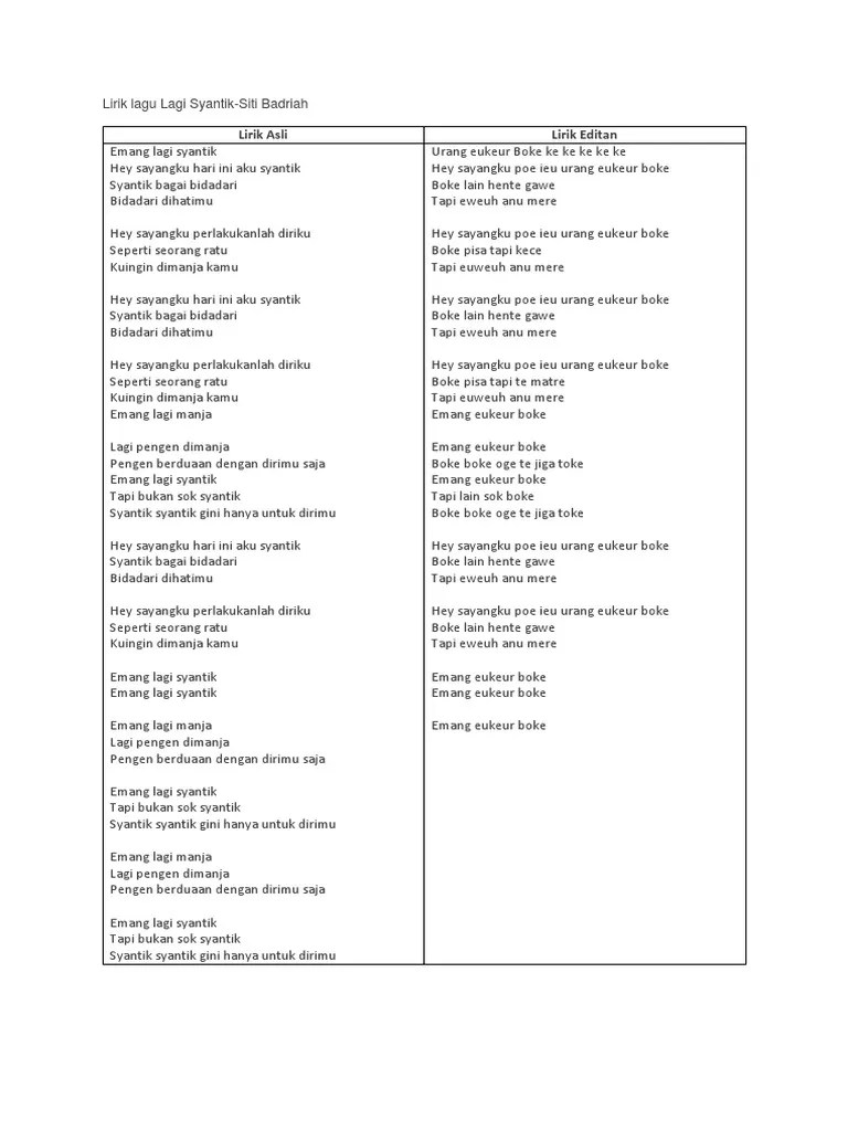 Lirik Lagu Lagi Syantik-Siti Badriah