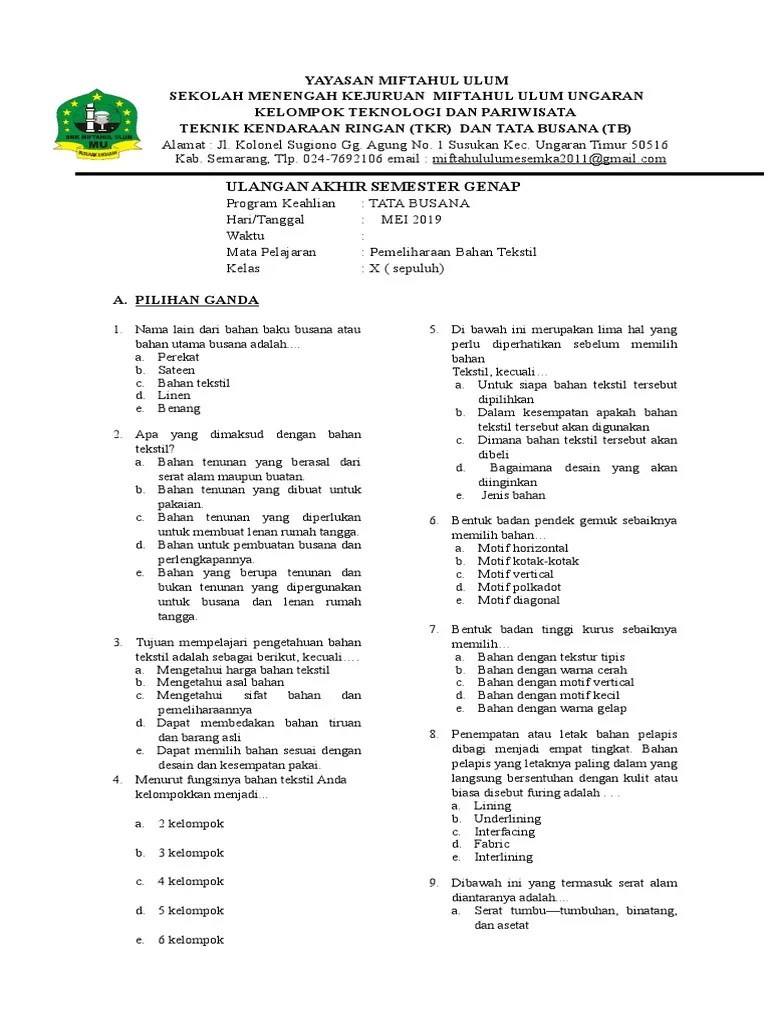 Soal Uas Ganjil Bahan Textil | PDF