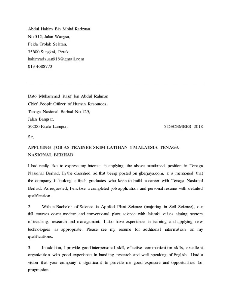 Berikut contoh cover letter yang baik dan benar untuk meraih kesempatan wawancara. Hakim Radzuan Cover Letter Sl1m Tnb Pdf