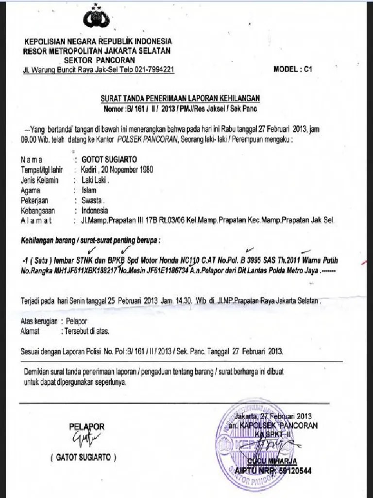 Contoh Surat Keterangan Kehilangan Dari Polsek | PDF