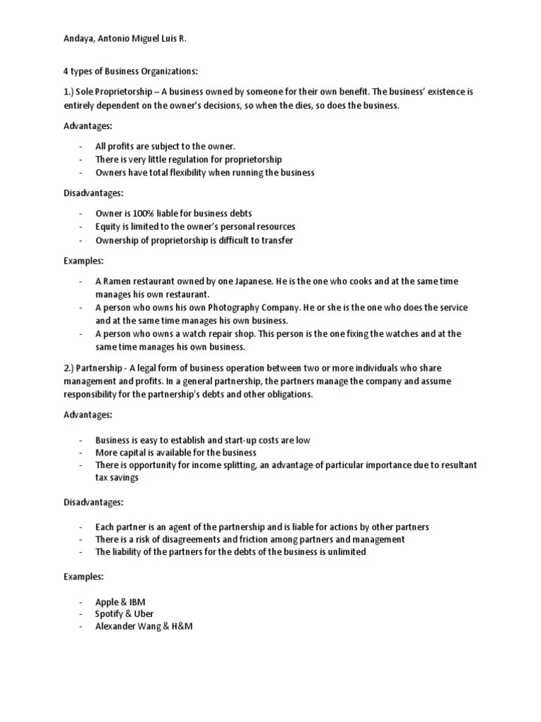 4 Types Of Business Organizations | PDF | Partnership | Corporations