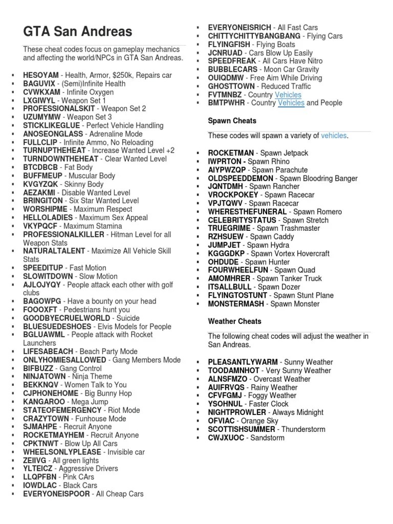 Gta San Andreas Cars Cheats Codes List Of All Updated GTA San Andreas 1