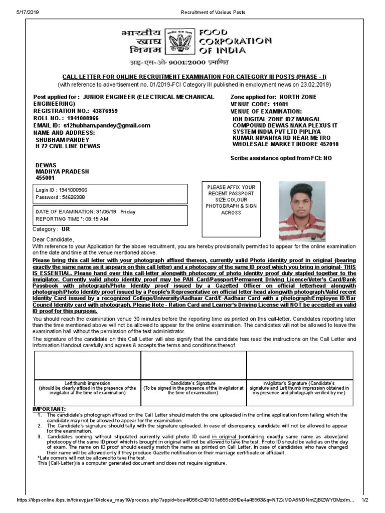 Fci Admit Card | PDF | Identity Document | Driver's License