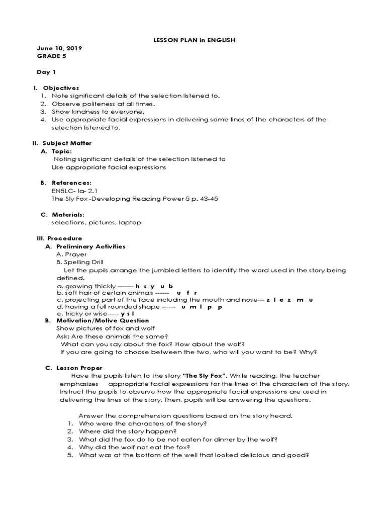 Detailed Lesson Plan In English 5 | PDF | Reading Comprehension | Lesson Plan