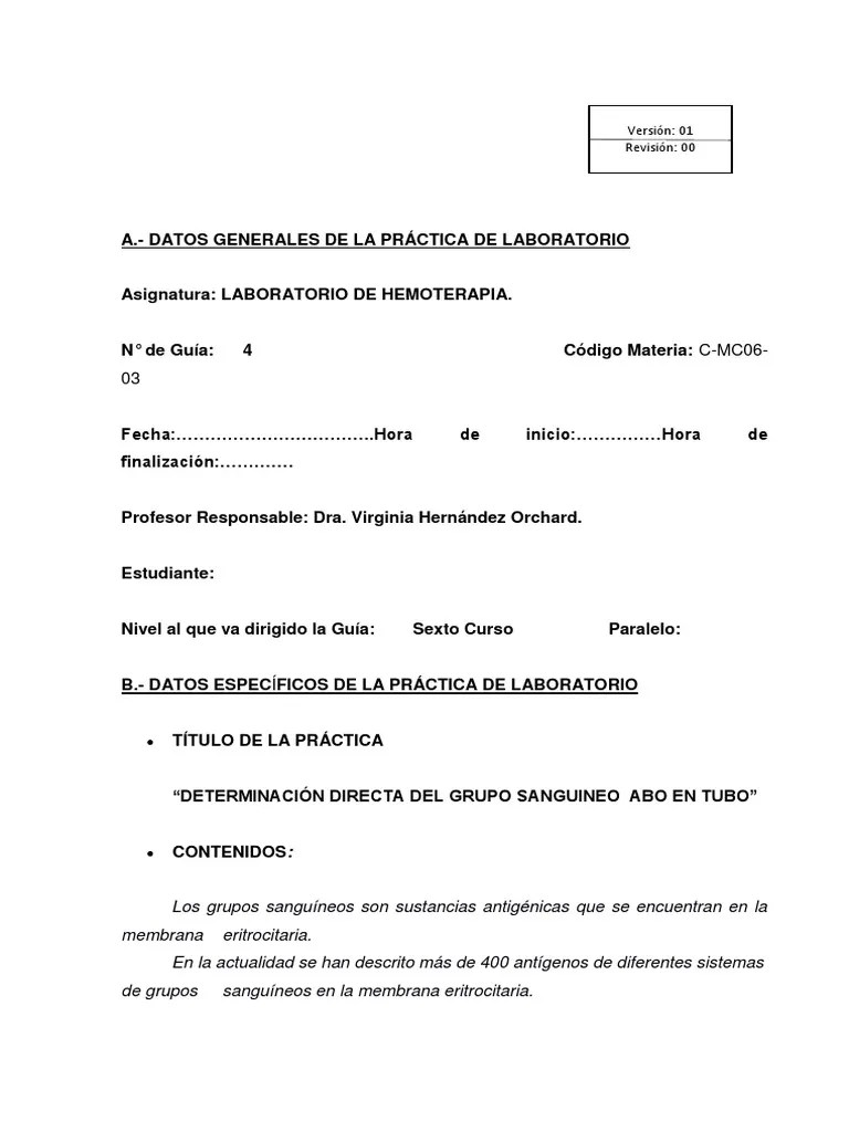 Practica N°4. Tipificación Sanguinea Directa En Tubo. | PDF | Tipo De Sangre | Tejido (biología)