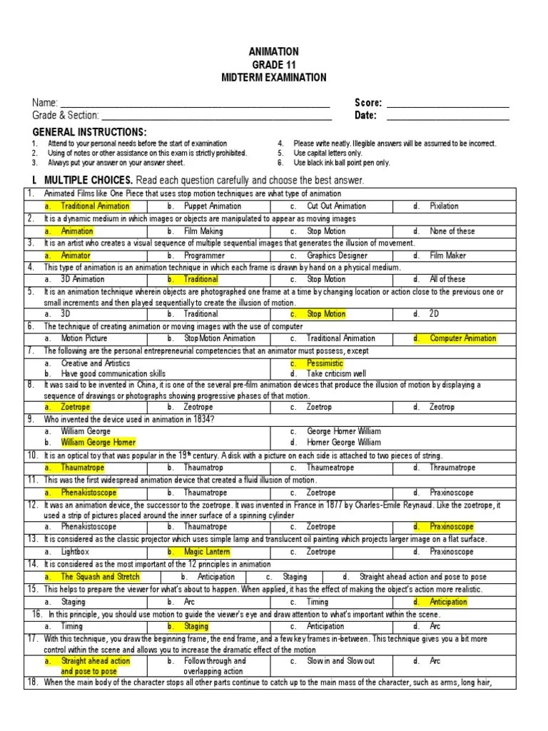 Exploring The Principles Of Animation Through A High School Midterm Exam | PDF | Animation
