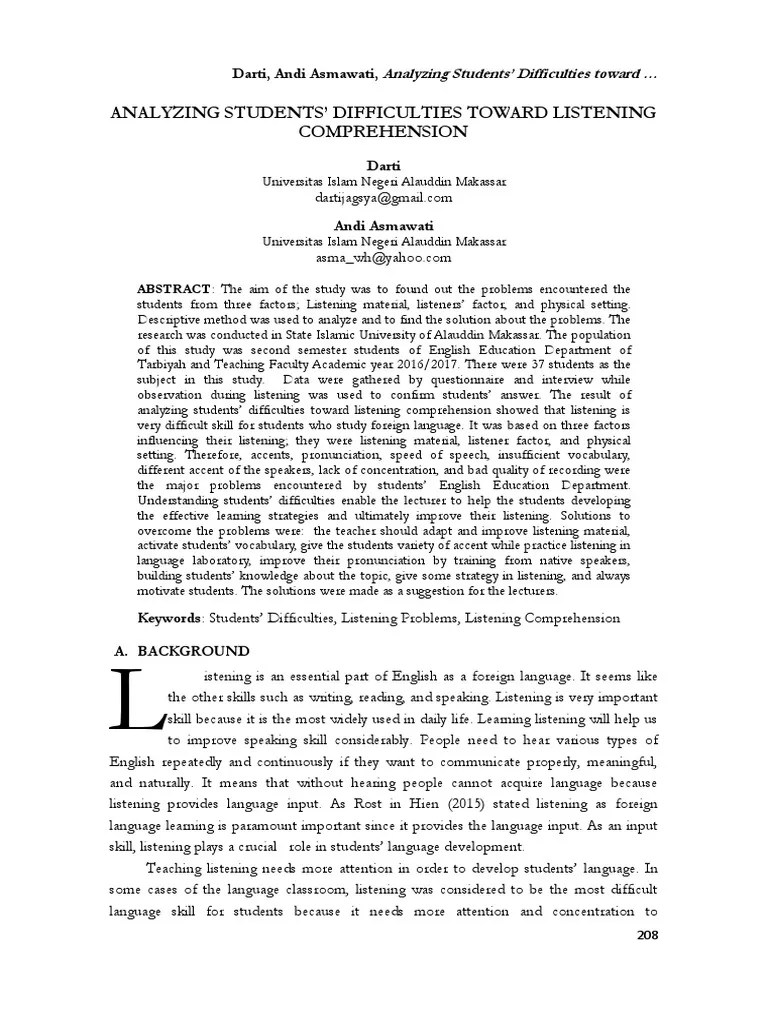 Analyzing Students Difficulties Toward Listening | PDF | Accent (Sociolinguistics) | Reading ...
