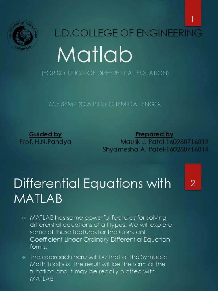 Solving Differential Equations Using MATLAB: A Guide To The Symbolic ...