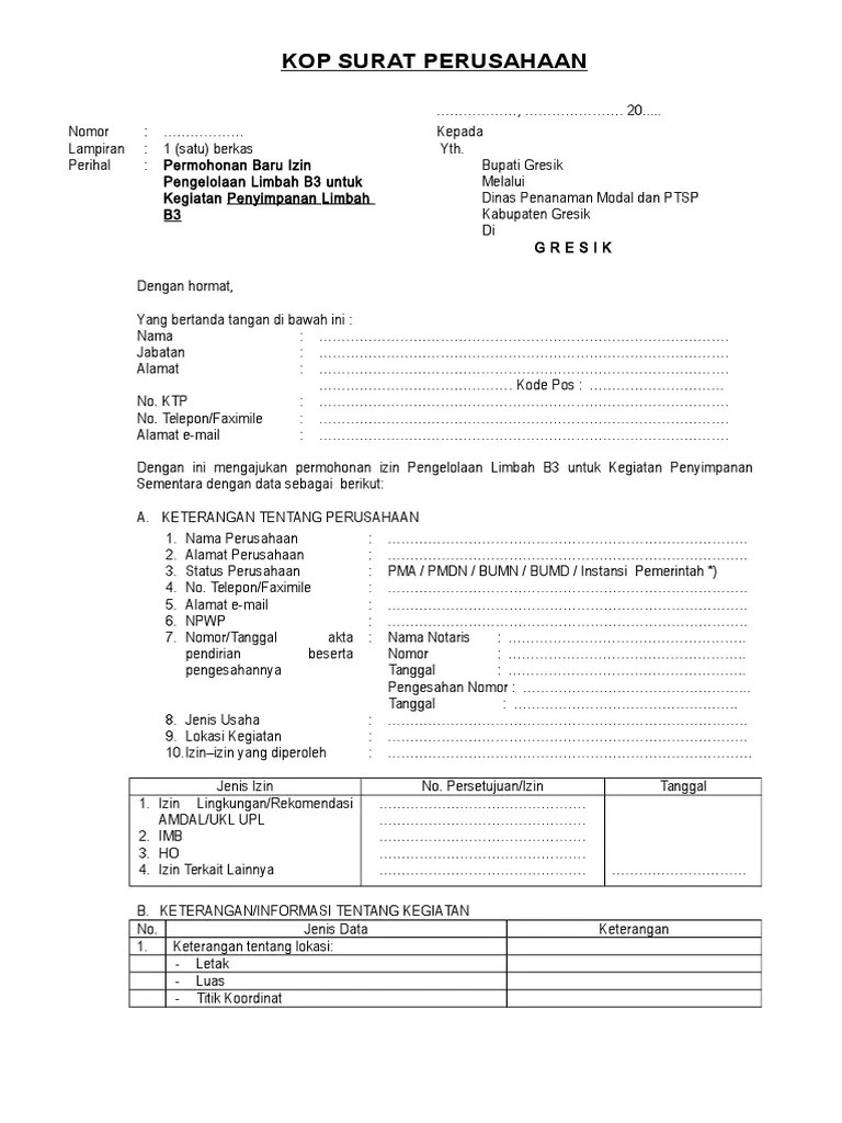 Form Permohonan Penyimpanan Limbah B3 | PDF
