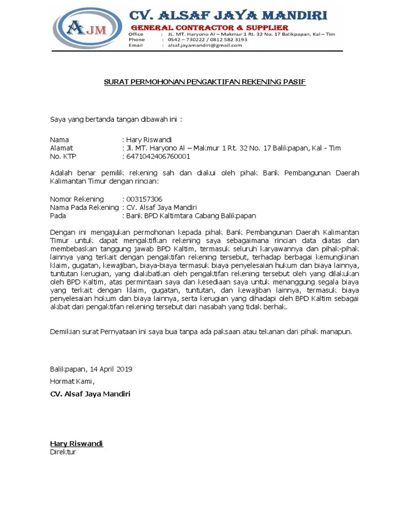 Mengisi formulir pembukaan rekening customer ldentifikasi file (cif) secara lengkap. Surat Pernyataan Pasif Pdf