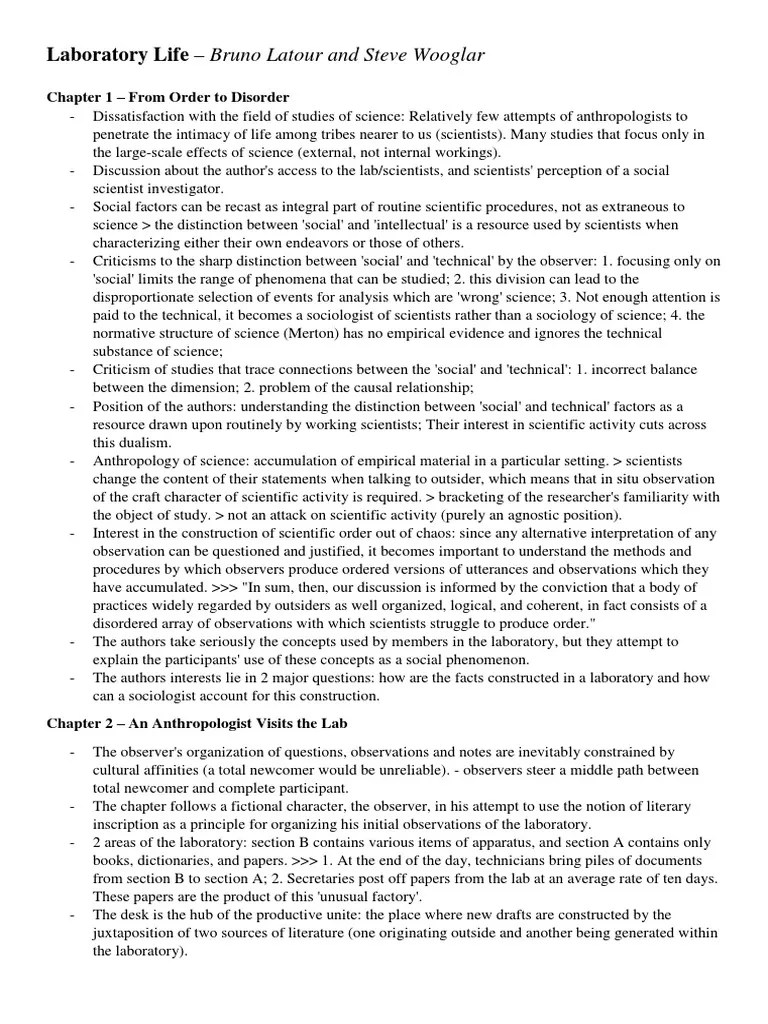 Laboratory Life - Bruno Latour And Steve Wooglar: Chapter 1 - From Order To Disorder | PDF ...