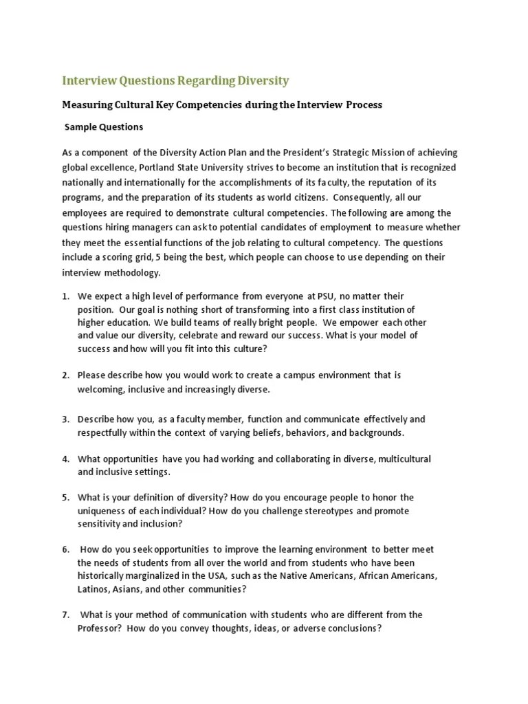 Interview Questions For Diversity | PDF | Competence (Human Resources) | Multiculturalism