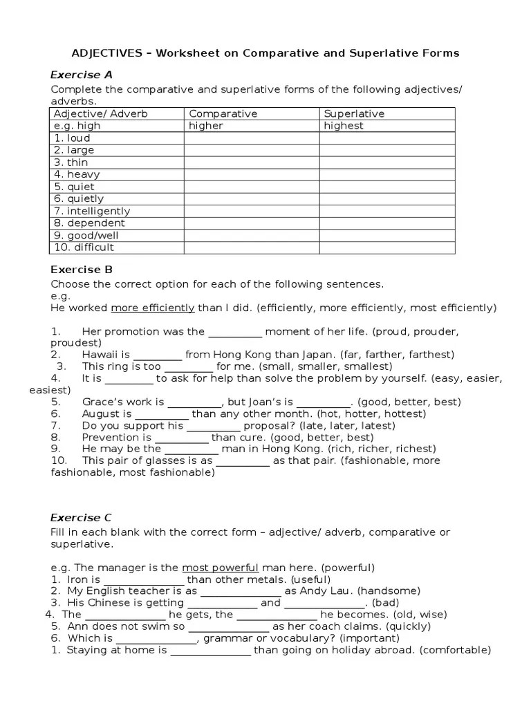 Grammar » elementary level a2 grammar » comparatives and superlatives. Adjectives Worksheet Pdf Adverb Interpretation Philosophy
