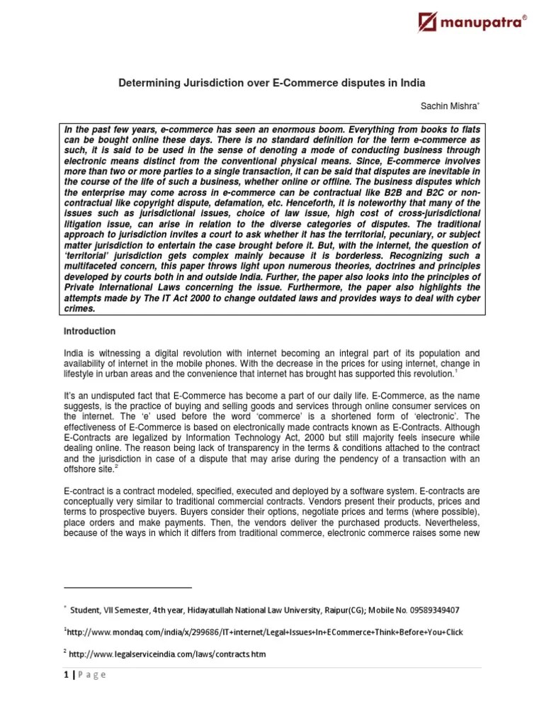 Determining Jurisdiction Over E-Commerce Disputes In India | Download Free PDF | Minimum ...