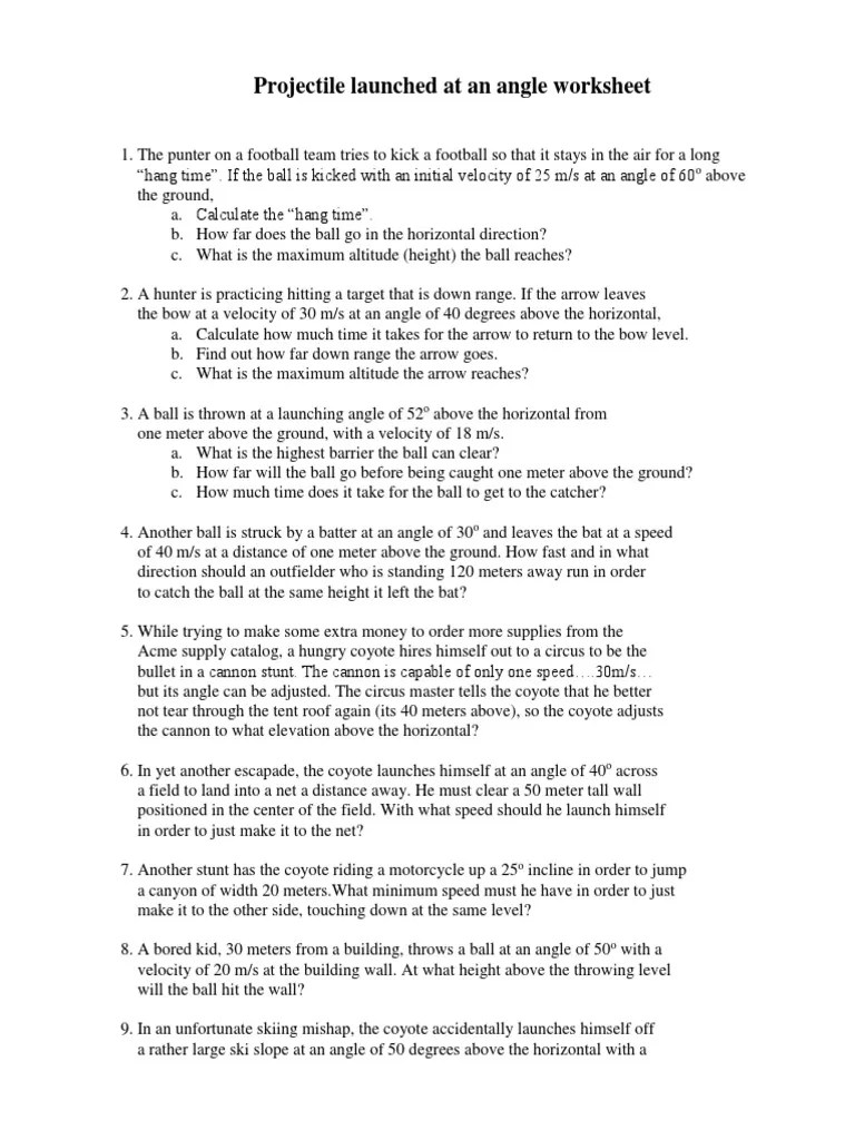 Projectile Launched At An Angle Worksheet | PDF | Projectiles | Sports