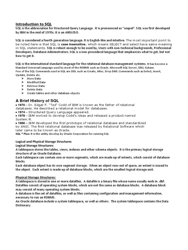 Introduction To SQL | PDF | Sql | Relational Database