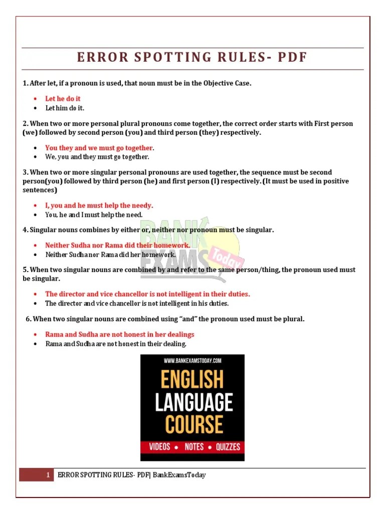 Error Spotting Rules For English Grammar | PDF | Grammatical Number | Verb
