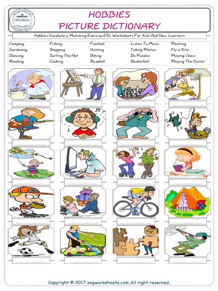 hobbies vocabulary matching exercise esl worksheets for kids and new