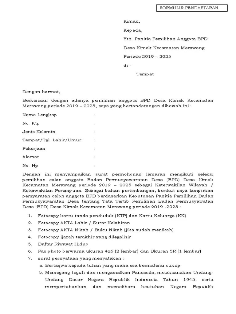 Contoh surat permohonan pencalonan perangkat desa, sekretaris desa, kaur umum, kaur kesra, kasi pemerintahan, staff, kepala desa, kepala dusun, . Permohonan Calon Anggota Bpd Pdf