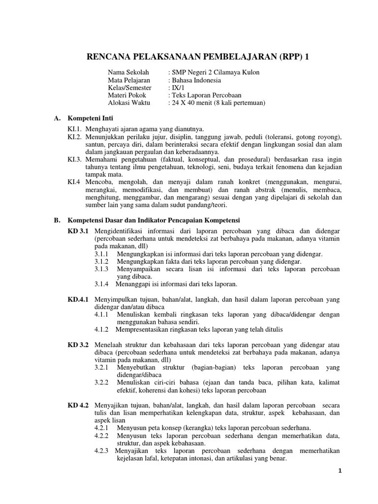 Rangkuman materi bahasa indonesia kelas 9 semester 1 kurikulum 2013 revisi 2018 . Rpp 9 1 Teks Laporan Percobaan Pdf