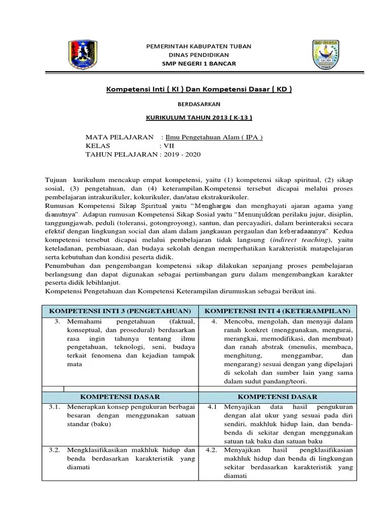 Menghargai dan menghayati ajaran agama yang dianutnya. Kompetensi Inti Kompetensi Dasar Ipa Kelas 7 Smp Pdf