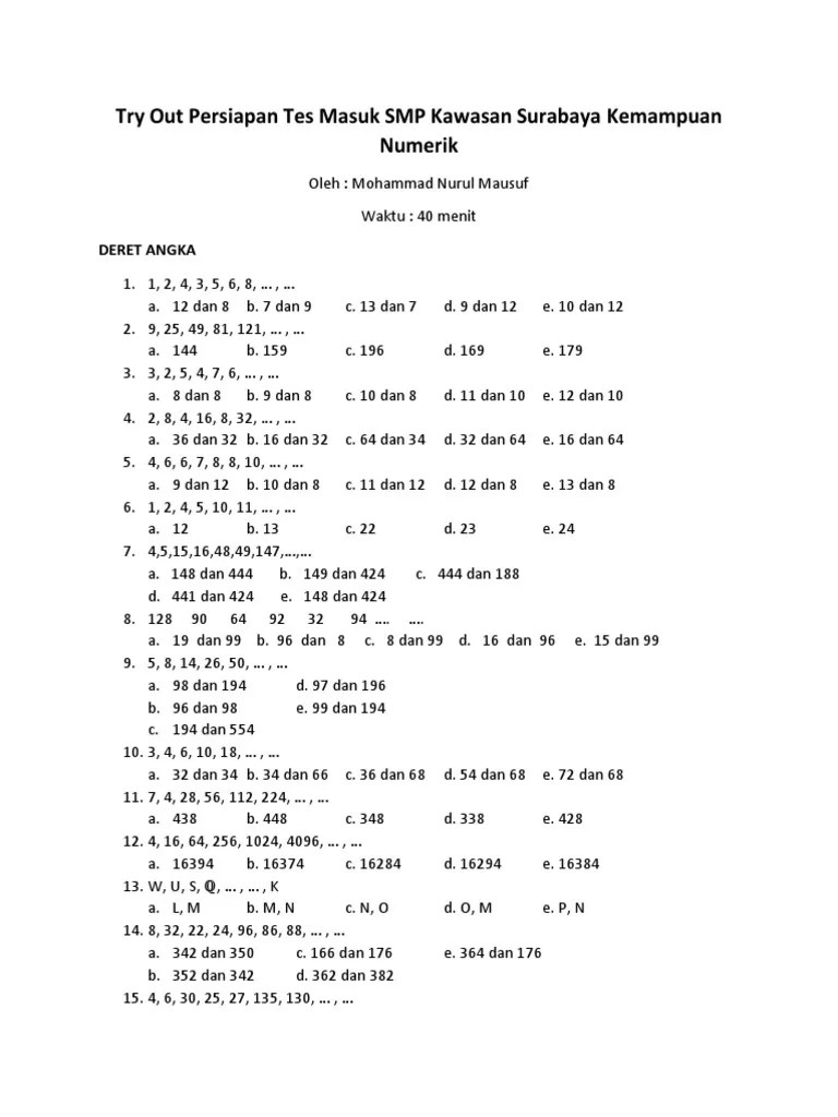 Hasil penelusuran untuk soal tes potensi akademik polri pdf. Try Out Persiapan Tes Masuk Smp Kawasan Surabaya Kemampuan Numerik 5 Pdf