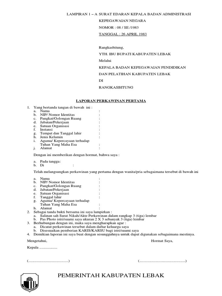 Permohonan untuk diangkat menjadi cpns kuningan,. Format Laporan Perkawinan Pertama Asn Pdf