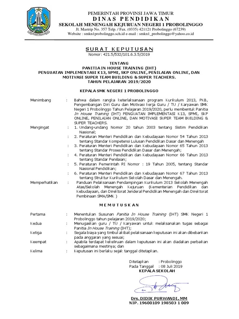 Penetapan penanggung jawab program, narasumber, panitia, peserta dan pendamping bimtek guru sasaran pelaksana kurikulum 2013 tahun 2017. Sk Panitia Iht Pdf