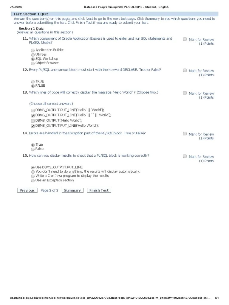 PLSQL Quiz 1 - 3 | PDF | Pl/Sql | Object Oriented Programming